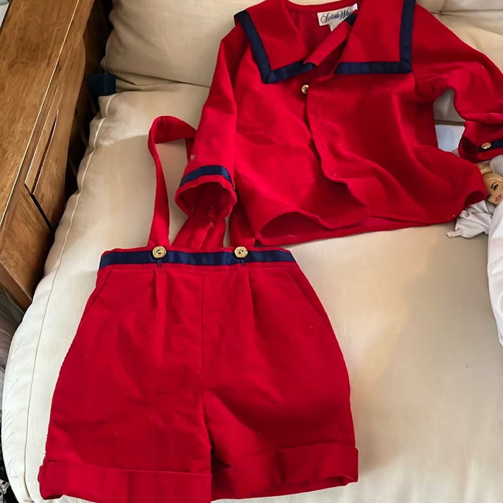 Vintage kids red corduroy sailor set, 3T